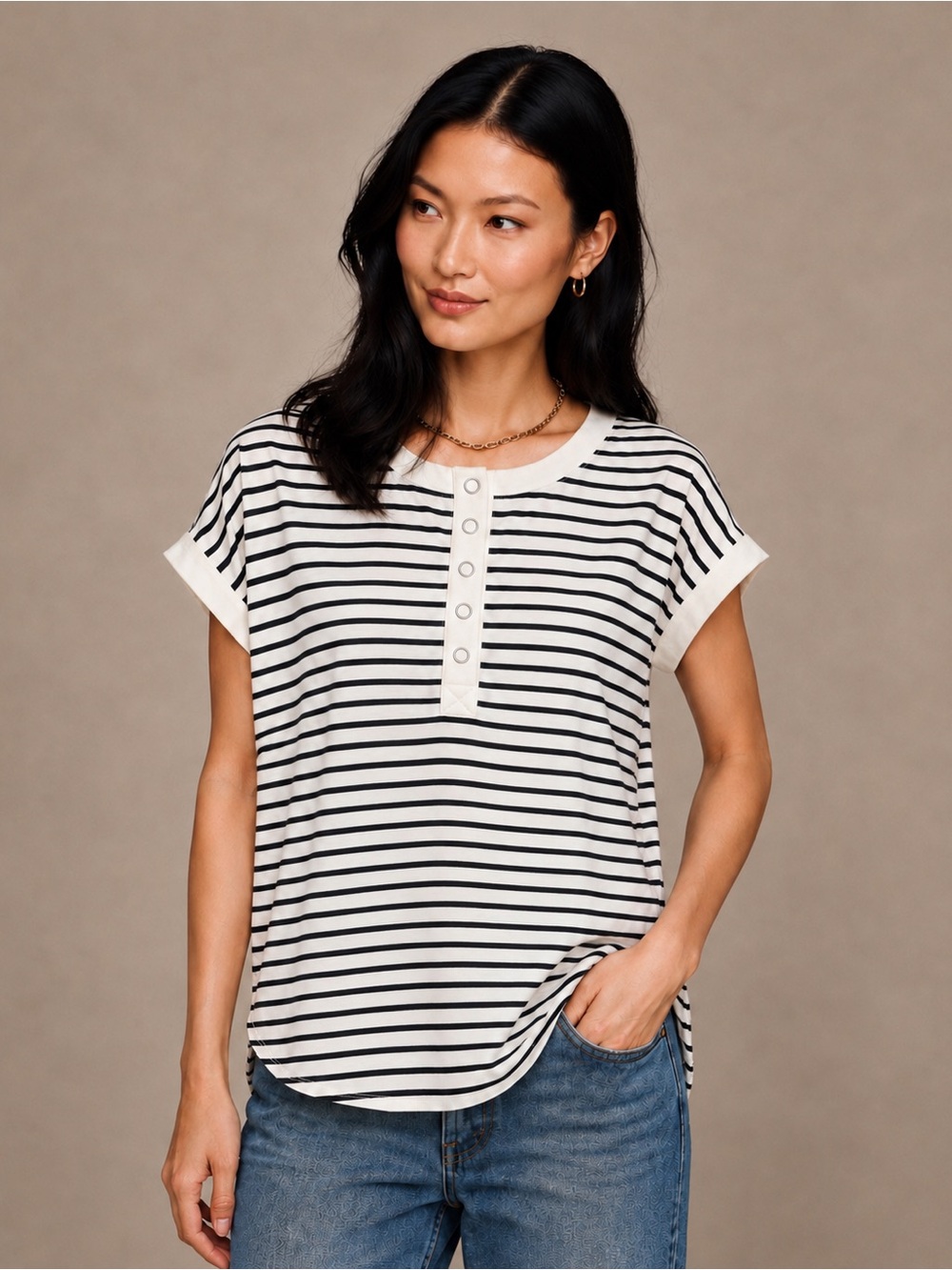 Urban Daizy Striped Snap Henley Top Medium Black Ivory Coastal Preppy